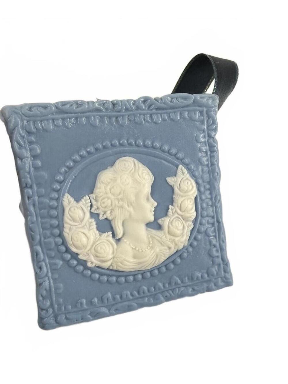 Blue Jasperware Style Hanging Planter Vase Cameo Lady Relief Ribbon Decor